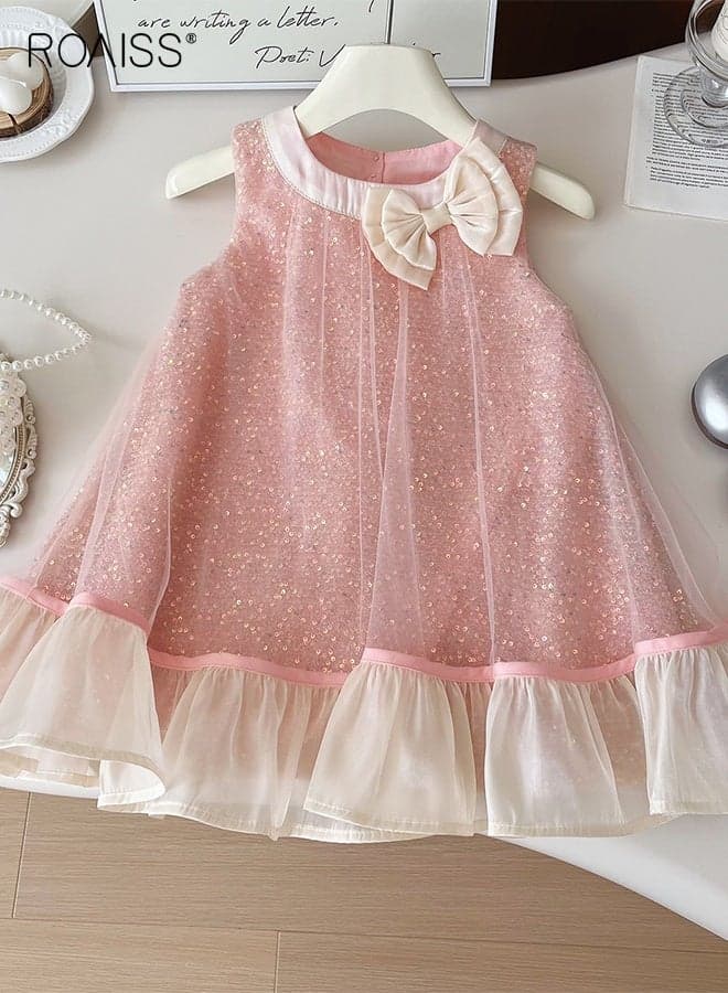 Toddler Girl Tulle Dress, Halterneck Sequin Dress with Bowknot, Stylish Casual Cami Dress, Summer A-line Silhouette Dress, Suit for Beach, Travel, Wedding or Any Occasion
