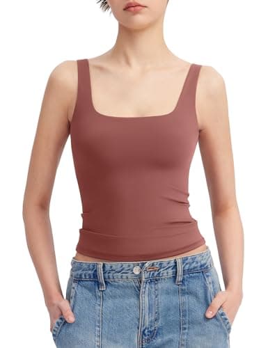 PUMIEY Women's Square Neck Tank Tops Sleeveless Double Lined Basic Going Out Top, Marsala Small