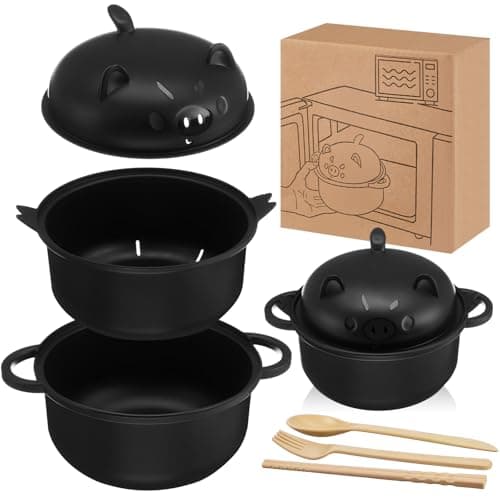 Romooa Large 45oz Cute Ramen Bowl Set Microwavable Pig Ramen Noodle Cooker Wheat Straw Bowl with Strainer Lid Handle Spoon Chopsticks Fork Gift for Home Dorm College(Black,1 Set)