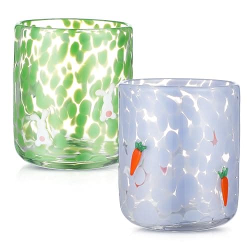 SiliFine 2 PCS Rabbit & Carrot Icon Juice Glasses, 14oz Icon Stemless Wine Glasses Set Drinking Cups for Gift Spring Easter Party Drinkware