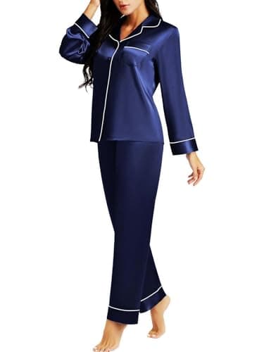 Womens Silk Satin Pajamas Set Sleepwear Loungewear Navyblue S