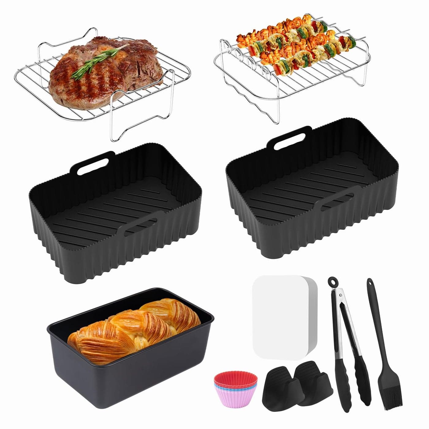 Large Size Air Fryer Accessories Set of 11 for Ninja Air Fryer Accessories Compatiable with Ninja Foodi Dual Air Fryer Af400UK AF451UK Most 95L Air Fryers Upgraded Silicone Air Fryer Liner