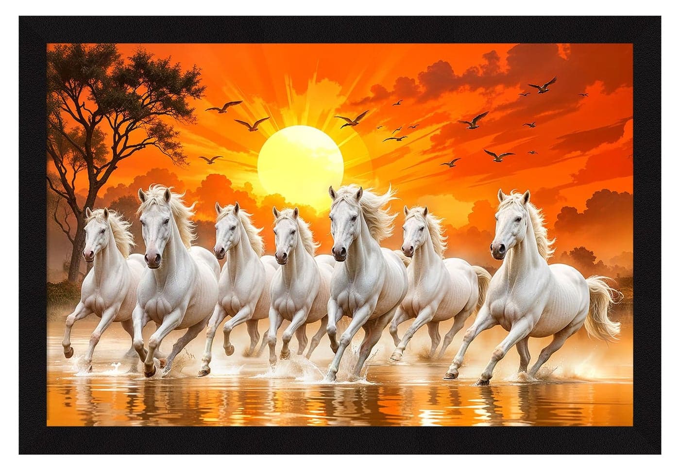 ArtX Paper 7 Horses Vastu Frame Wall Art Painting, White Running Horses On Water Painting Vastu Rising Sun Wall Decor, Multicolor, Nature, 18.0 X 12.0 inches, Set of 1