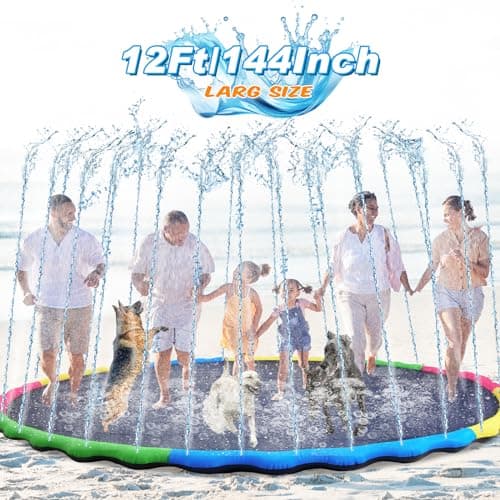 Lewtemi 12 ft Extra Large Non Slip Splash Pad 144" for Adult Kids and Dog Giant Thicken Sprinkler Pool Summer Outdoor Toys Fun Backyard Fountain Play Mat for Family Pet Dog(Bright Style)
