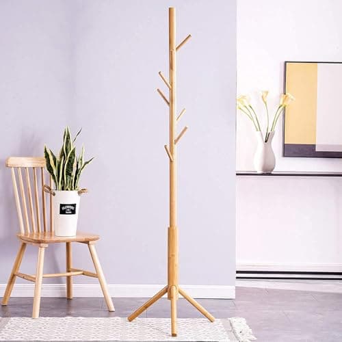 Ash & Roh Natural Wooden Coat Rack Stand With Hooks Adjustable Height, Easy Assembly, Sturdy Solid Base for Coats, Hats, Handbags Entryway, Hallway, Bedroom, Office (Beige, 92-1), 10 x 10 x 24 Cm