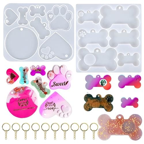 Pet Tag Resin Molds SAGOOITS Silicone Mold for Resin Casting Pet Collar Tags Silicone Mold Set with 10 Keychains DIY Keychain Pendant Charm CraftsMake Dog Cat Name Tags
