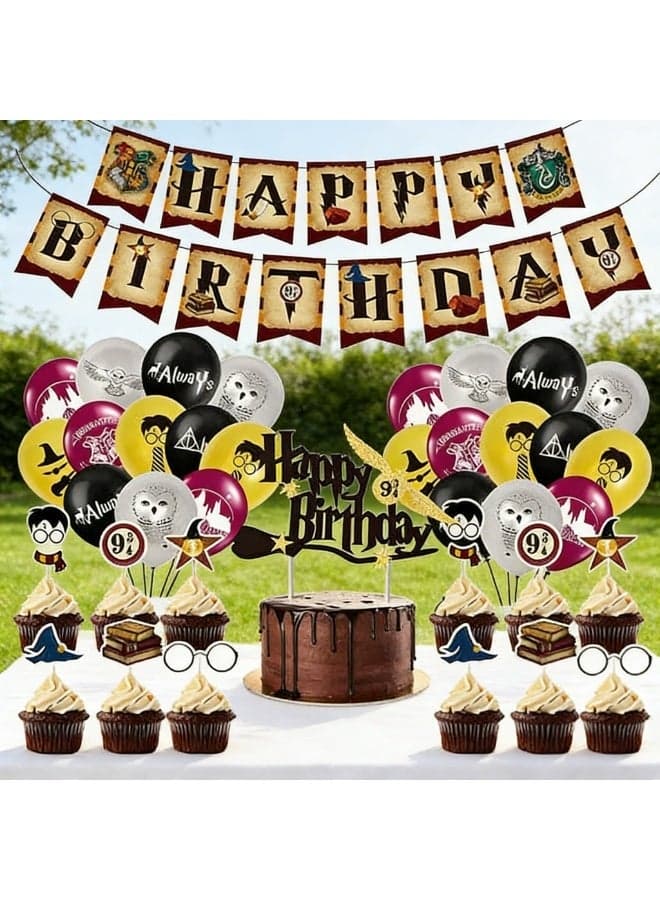 Magical Wizard Birthday Decorations Banner Cupcake Toppers Balloons for Party Birthday Party Supplies Set