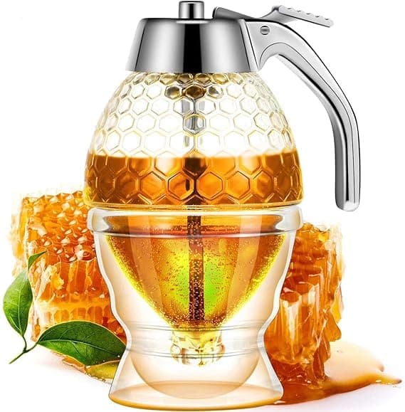 HEVASNEK Honey Dispenser with Stand No Drip Honey Container High Capacity Syrup Sugar Jar Pot Convenient MessFree Honey Storage Perfect for Kitchen or Dining