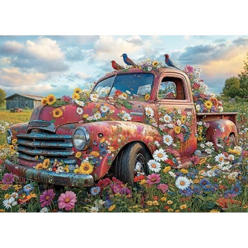 lamplig Puzzles for Adults 1000 Pieces Jigsaw Puzzles Vintage Red Cars and Blooms 1000 Piece Puzzles with Letters on Back Puzzle for Fun Game Nights 276x205 inch 11 Poster