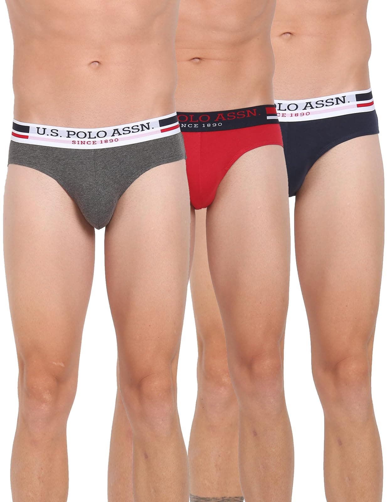 U.S. Polo Assn. Mens Elasticized Waist Pure Cotton I006 Briefs - Pack Of 3 (ANTHRA MEL/RED/NAVY S)