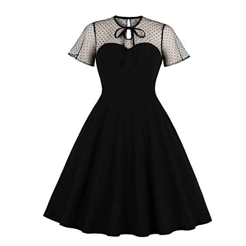 Women's Vintage Illusion Polka Dot Embroidery Keyhole Tie 1950s A-line Cocktail Dress 50s 60s Retro Summer Evening Party Wedding Formal Prom Dance Swing Dresses Black Small