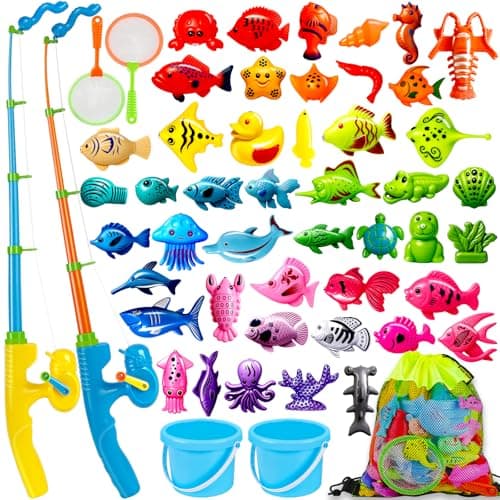 CozyBomB Magnetic Fishing Toys Game Set for Kids Water Table Bathtub Kiddie Pool Party Pole Rod Net Outdoor Plastic Floating Fish Toddler Bath Color Ocean Sea Animals Birthday Gift Age 35 6 48