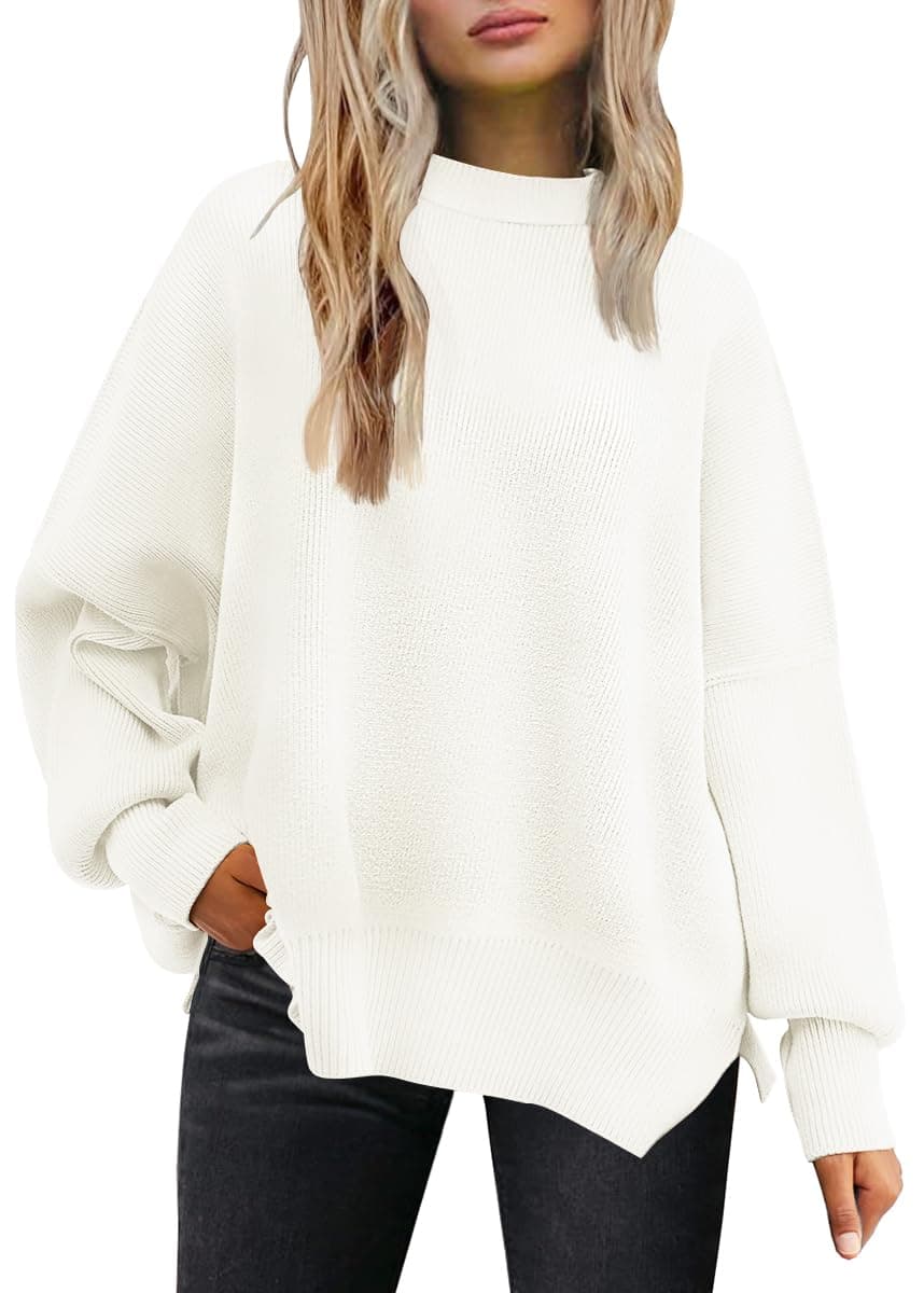 LILLUSORY Oversized Sweaters for Women 2025 Fall Fashion Outfits Trendy Crewneck Knit Cute Lightweight Sweater Pullover Tops Long Sleeve Shirts Winter Clothes White M