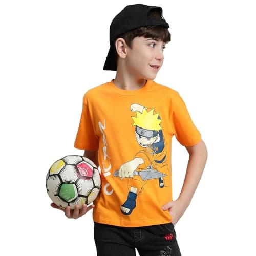 Kidsville Official Naruto Anime Boys Half Sleeves Round Neck Graphic Character Printed Regular Fit Pure Breathable Cotton Fabric Tshirt Orange