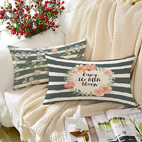 BRICK HOME Set of 2 Polycotton Printed Cushion Covers 12x18 Inches | Botanical Floral & Quote Design | Green, Blush Pink & Grey Stripes | Soft Decorative Pillow Covers for Sofa, Couch & Living Room