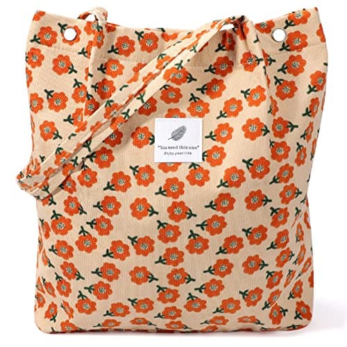 LHMTQVK Corduroy Tote Bags for Women, Large Capacity Corduroy Bag Reusable Grocery Shoulder Bag with Inner Pockets(Orange)