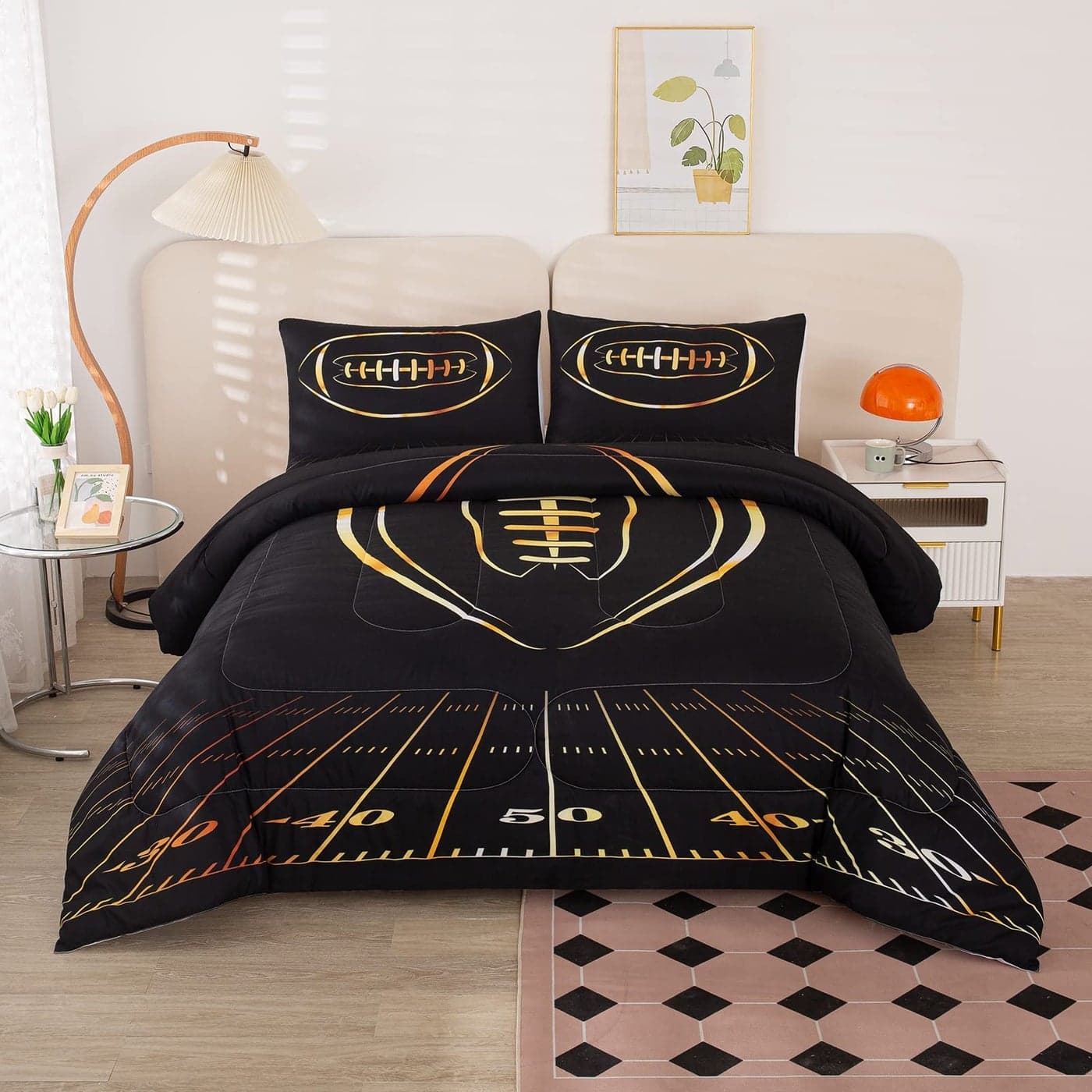 MWMWMW Boy Comforter Set Queen Size Black and Gold Football Comforter Set Sports Themed Bedding Set for Boys Girls 3Pieces Microfiber Comforter with 2 Matching Pillowcases AllSeason Use