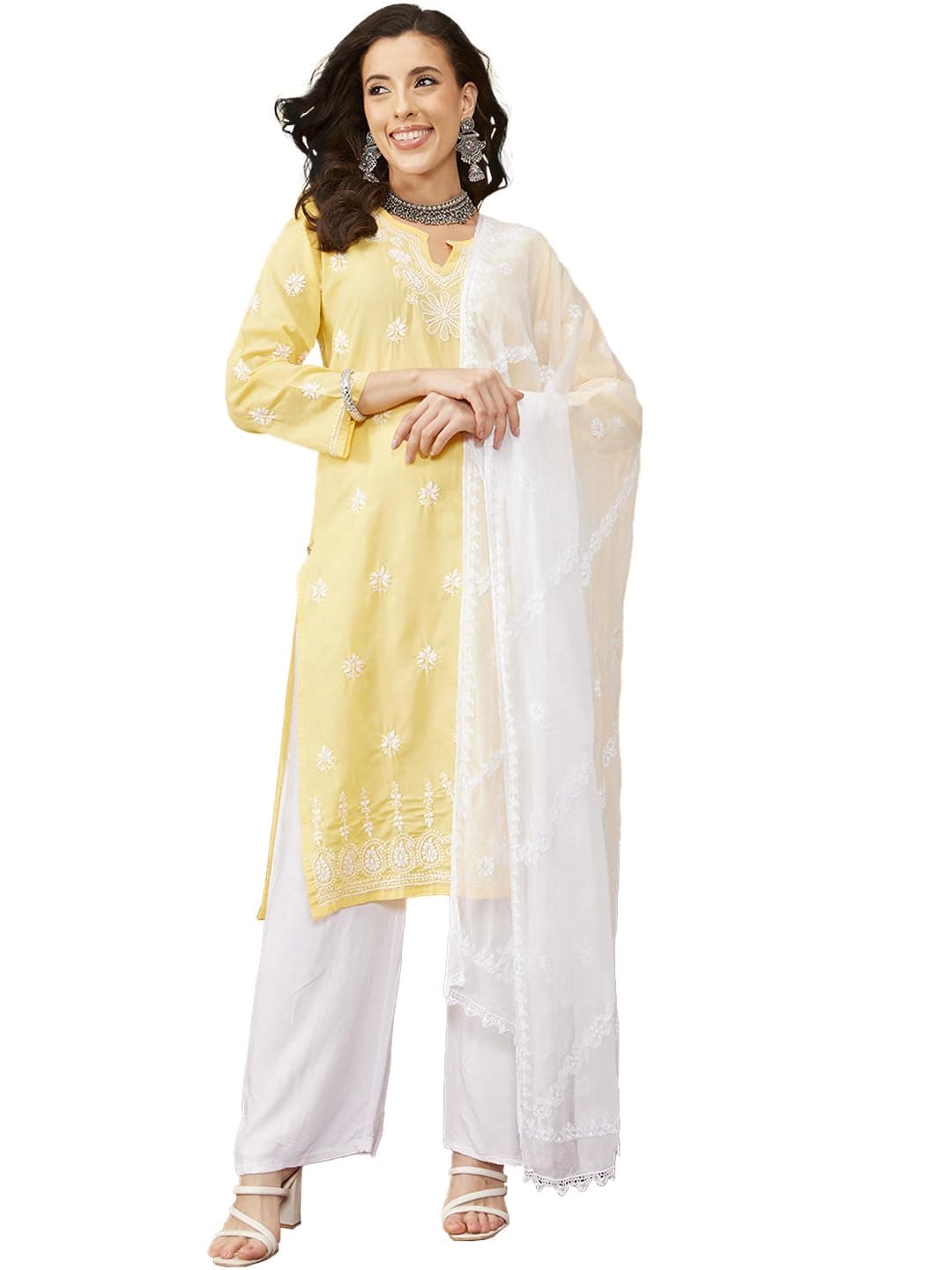 Ada Hand Embroidered Lucknowi Chikankari Chiffon Dupatta Stole for Women A511216 White