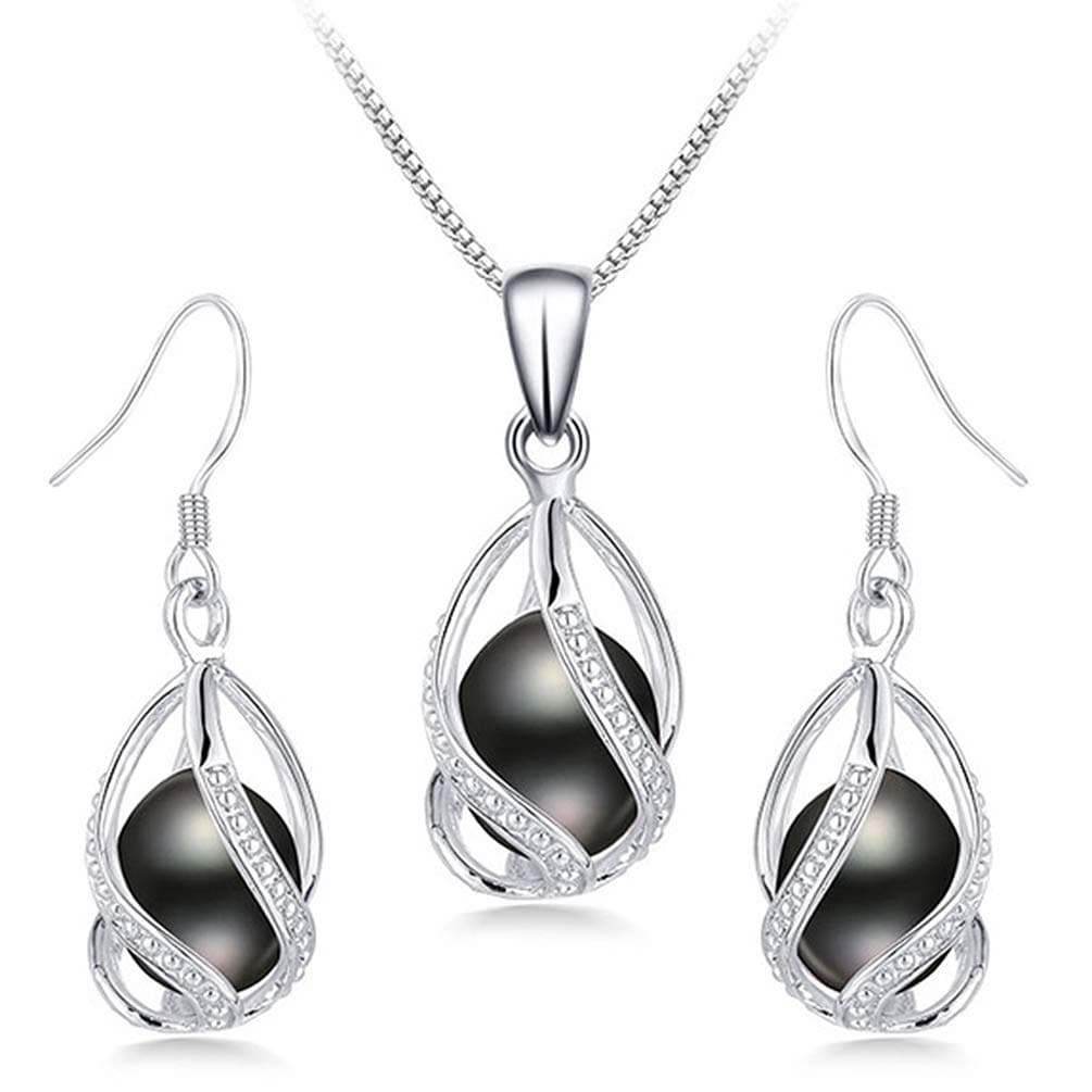 HENGSHENG Natural Pearl Jewelry Set For Women 925 Sterling Silver Necklace Pearl Pendant & Pearl Earrings Freshwater Pearl Drop Jewelry Set for Wedding Prom Gift - Black Pearls