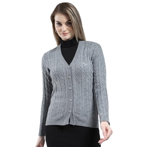 Monte Carlo Women Woolen Regular Fit Cardigan | Winter Sweater | V Neck | Button Closure |Full Sleeve with Self Design Knitted Cardigan for Women's Grey L (Pack of 1)