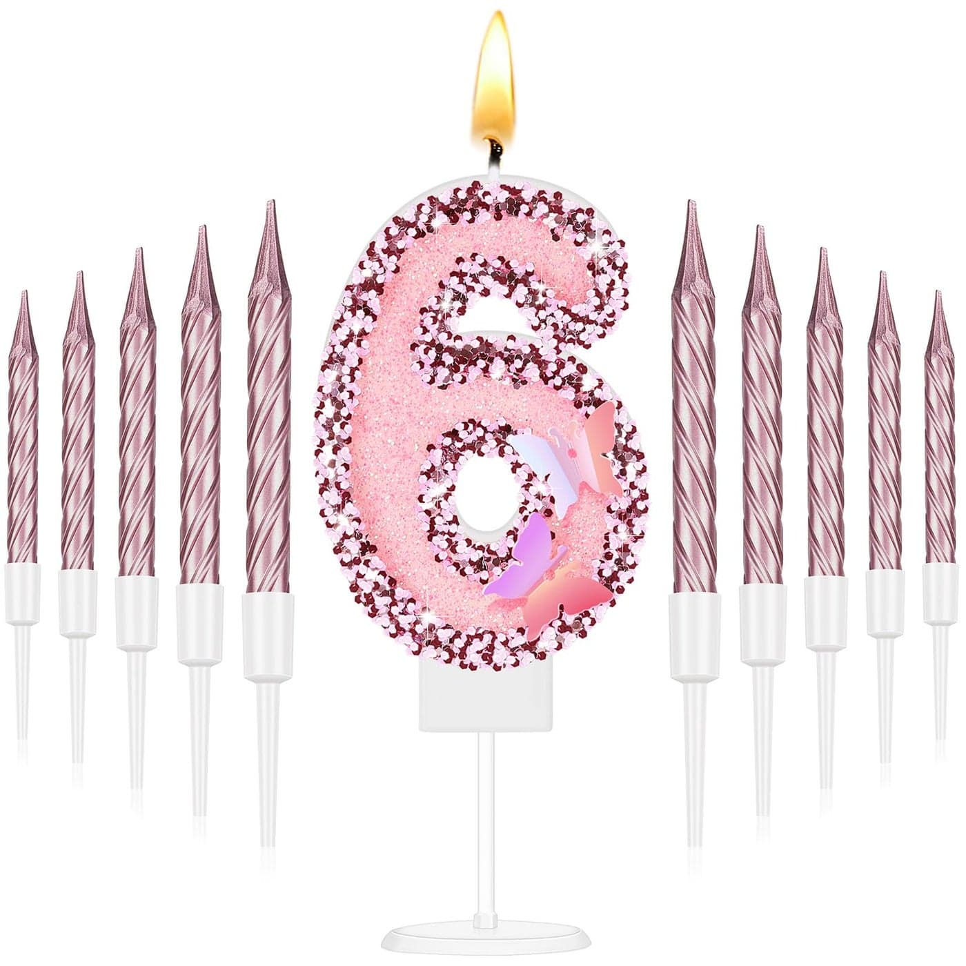 Amylove 6 Birthday Candle Pink Glitter Birthday Candles for Girls Princess Sequin 6th Number Happy Cake Topper with 10 Long Thin Cupcake Candle for Party Cake Topper Party Decor