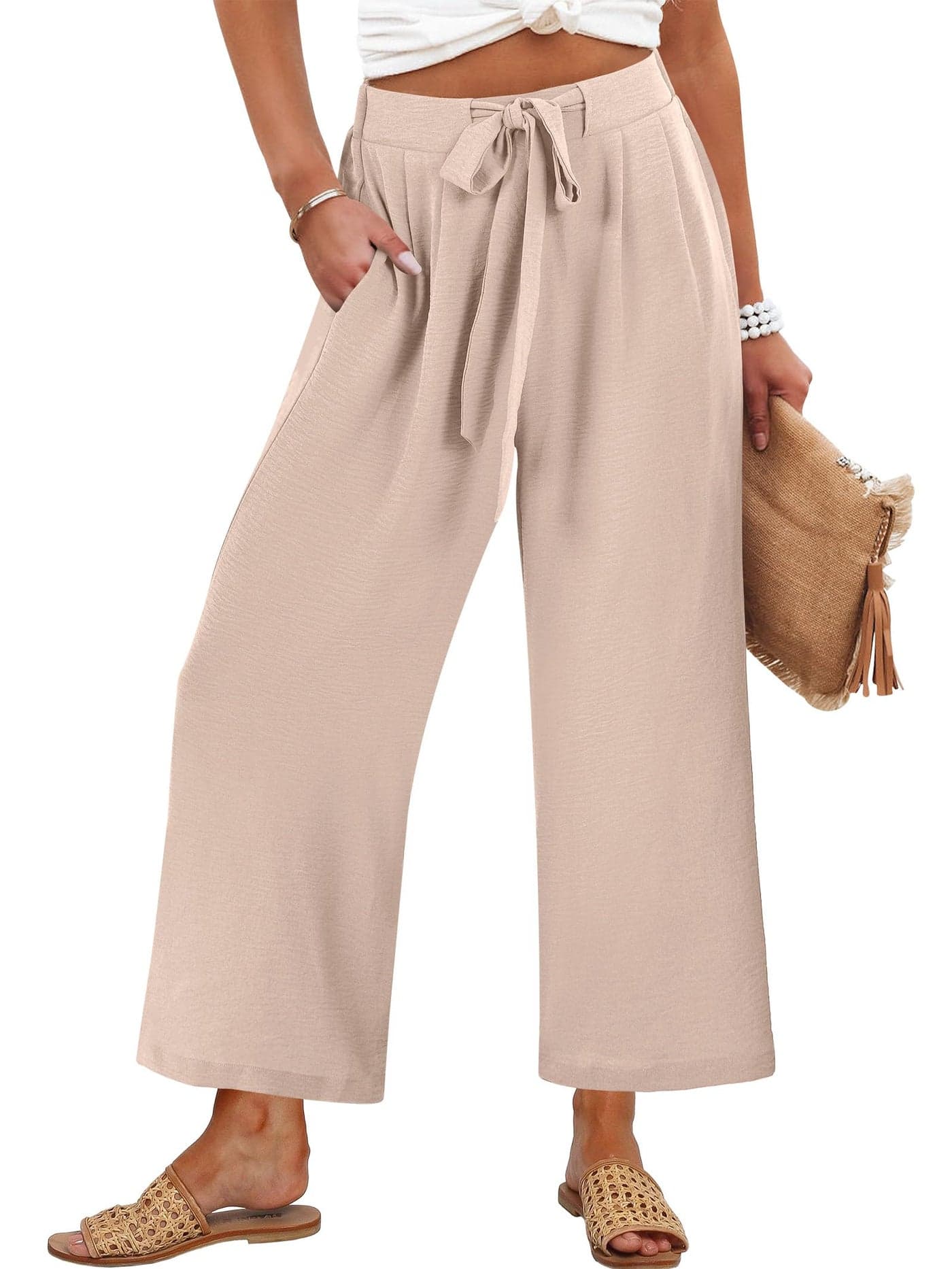 Caracilia Womens Wide Leg Palazzo Pants Cropped High Waisted 2026 Summer Casual Loose Lounge Flowy Travel Work Trousers Parchment Small