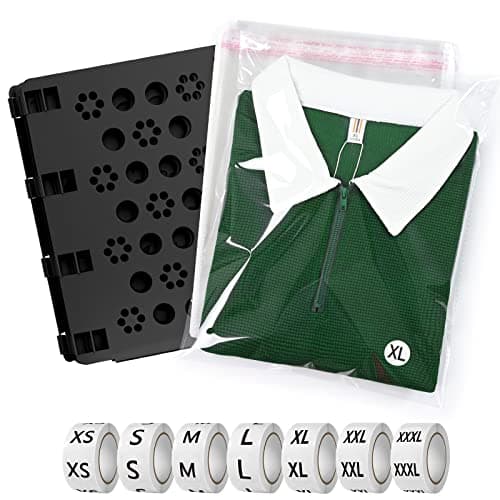 BoxLegend Shirt Folding Board V3 with Shirt Bags and Size Stickers Pack of 100 Bags 11x14 inches and 1 Folding Board and 7 Sizes 3500 PCS Size Stickers for Clothing Tshirt Bags for Small Business