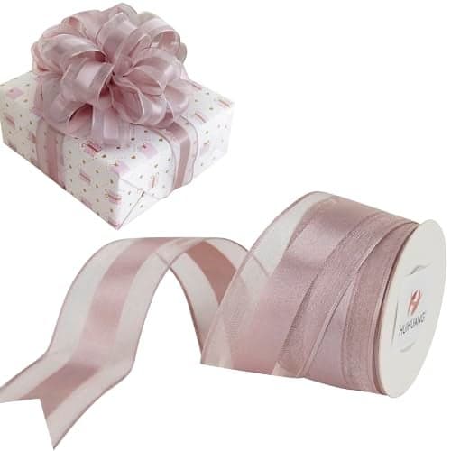 HUIHUANG Dusty Rose Wired Ribbon 112 inch Satin Stripe Sheer Wired Ribbon for Christmas Tree Bows Making Wreaths Garland Gift Wrapping Wedding Bridal Shower DecorationsContinous 10 Yards