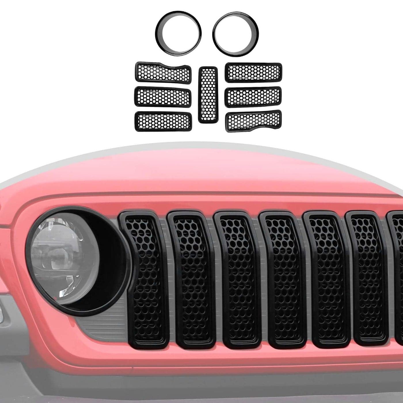 CheroCar for JL Mesh Front Grille Insert Headlight Turn Light Cover Trim Exterior Accessories for Jeep Wrangler JL 2024