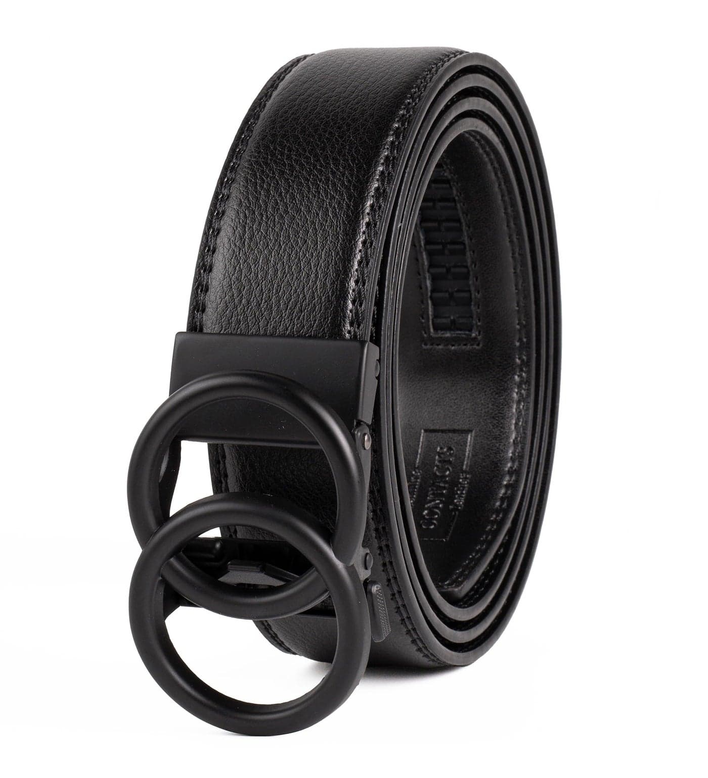 Contacts Men's Genuine Leather Ratchet Belt | Automatic Buckle with Dual Ring Design | Stylish Adjustable Belt for Jeans, Trousers & Formal Wear (Black)