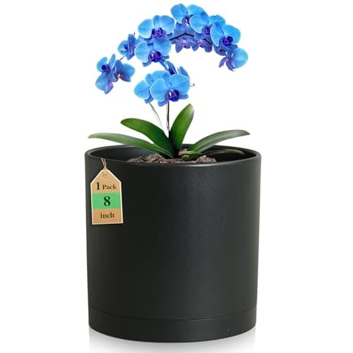 WSMKSZ 8 Inch Medium Plant Pots for Indoor Outdoor Plants, Cylinder Deep Flower Pots with Drainage Holes & Saucer, Decorative Plastic Planter Pots for Garden House Plants, Black