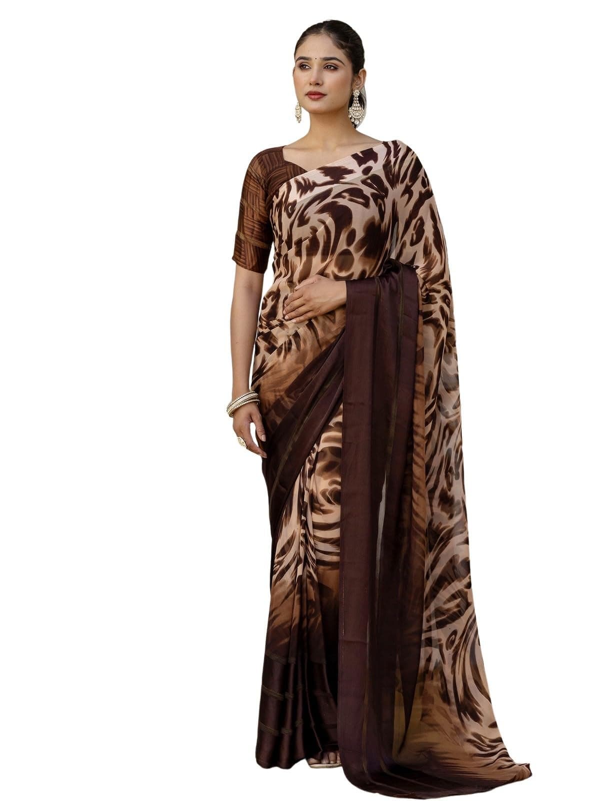Satrani Women's Georgette Printed & Satin Border With Ready To Wear Saree with Unstitched Blouse Piece (55RS117_Dark Brown)