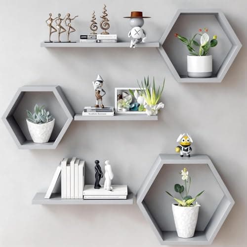 LIVINGLOOM Engineered Wood Woden Hexagonal Shape Wall Hanging Rack Floating Shelves for Display for Photos,Plants Living Room, Bedroom,Bathroom, Kitchen, Office (Grey)