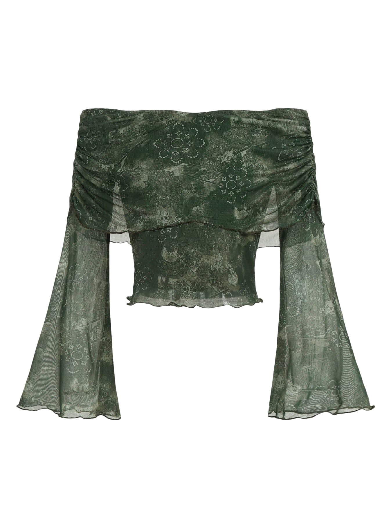 Verdusa Women's 70s Off The Shoulder Renaissance Tops Bell Flared Sleeve Floral Fairycore Mesh Crop Tops Dark Green Medium