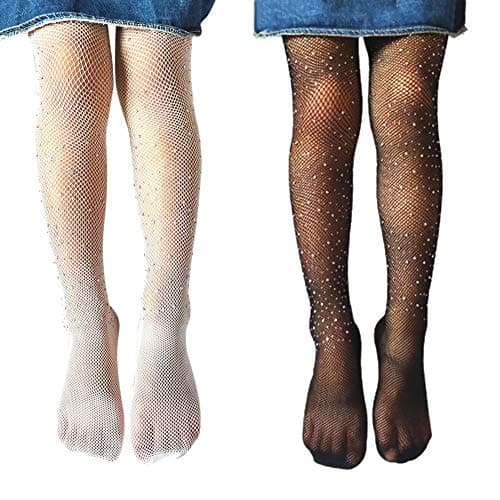 Looching Little Girls Thin Rhinestone Fishnet Sparkle Tights Toddler Kids Glitter Stockings Footed Net Leggings Pantyhose(Black & White,1-3T)