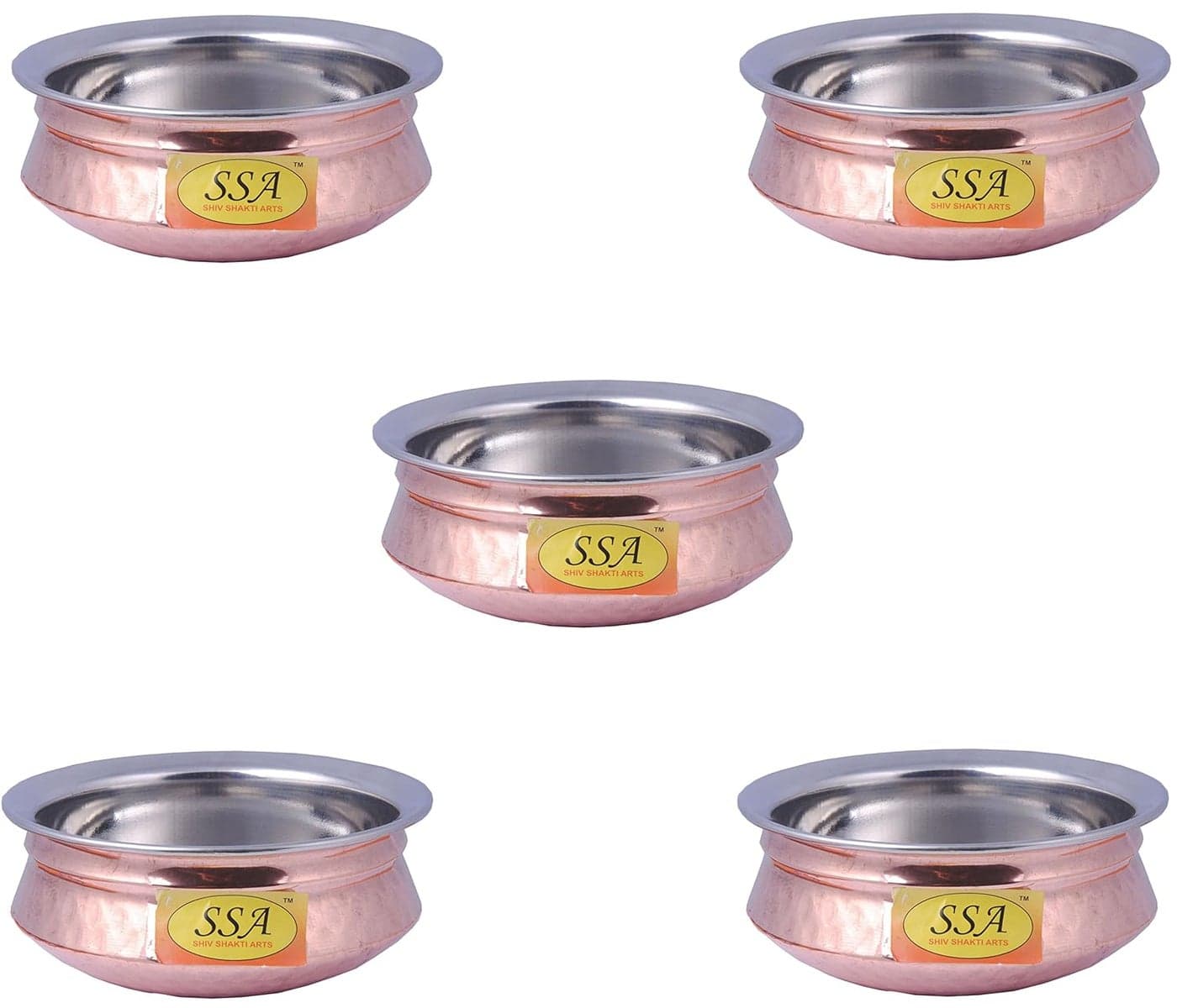 SHIV SHAKTI ARTS Handmade Pure Set of 5 Steel Copper HandiBowlBhagoni No 2 Hammered Design BowlHandi Volume500 ml for Dinnerware Hotelware Giftware Item for Serving Curry and Dal Purpose