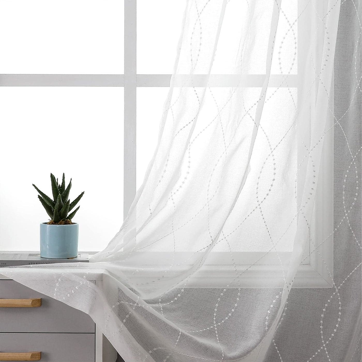 VISIONTEX White Sheer Curtains 84 Inch Long Moroccan Embroidery White Dots Embroidered Voile Fabric Semi Faux Linen Rod Pocket Window Treatment Drapes for Living Room 54 x 84 Inch Set of 2 Panels