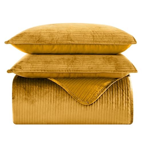 Elegant Comfort Luxury 3-Piece Velvet Corduroy Stripe Quilt Set, Ultra Soft Bedspread - Cozy Velvet Coverlet Set - 3PC Medium Weight Quilted Set with Matching Pillow Shams, Queen, Gold