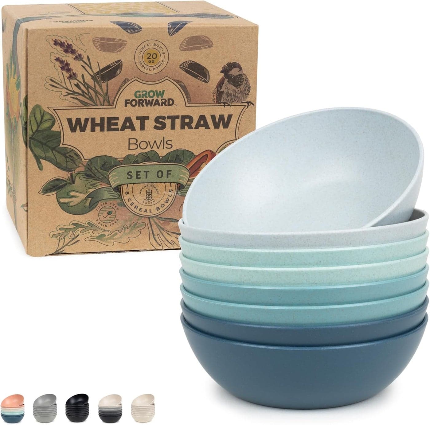 Grow Forward Premium Wheat Straw Bowls 20oz Microwave Safe Plastic Cereal Bowls Set of 8 for Kitchen Camping RV Dessert Snack Soup Salad Fruit Reusable Unbreakable BPA Free Seascape