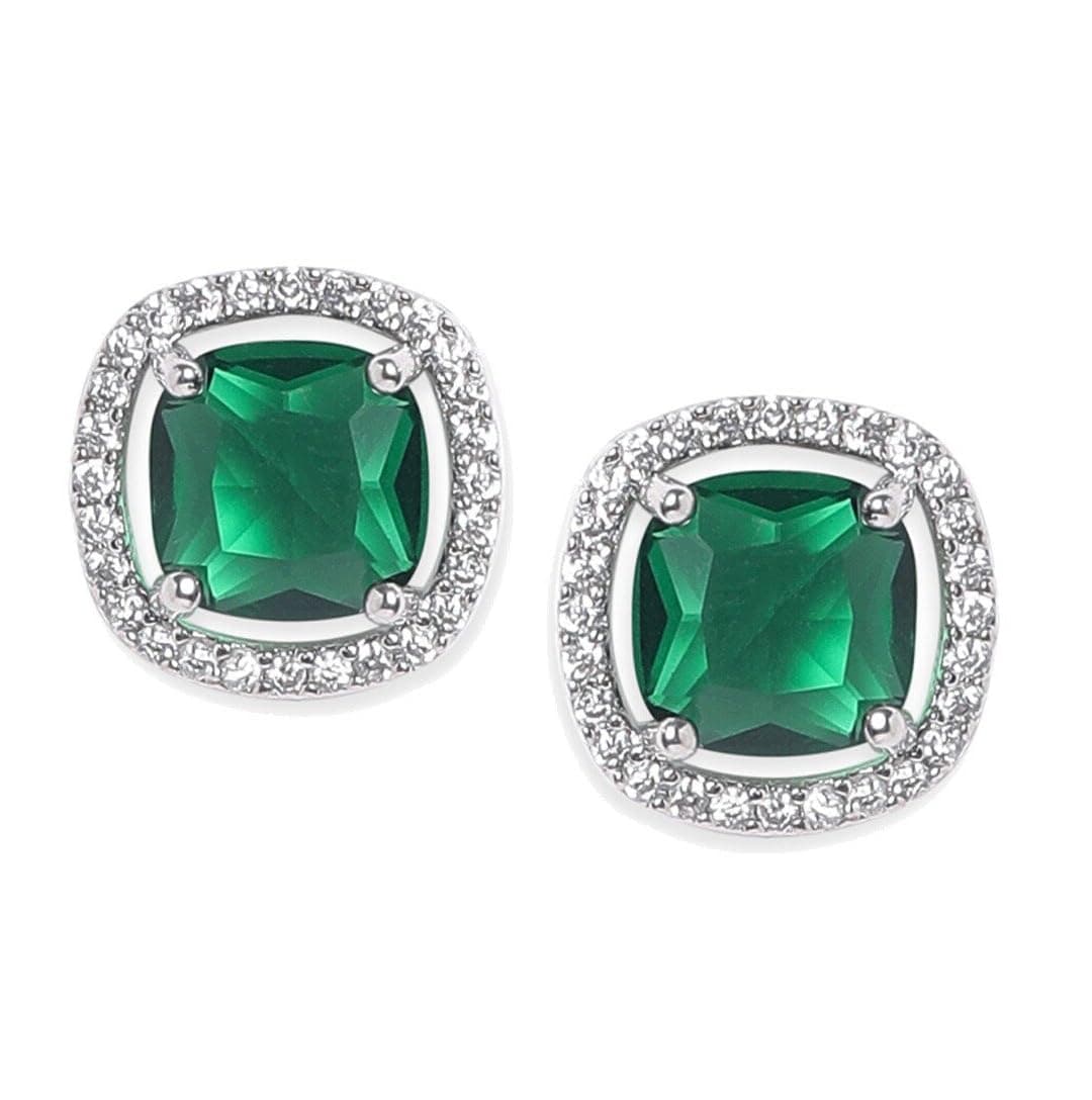VAMA FASHIONS Trendy Silver Plated Cubic Zirconia AD Stone Square Stud Earrings Western Piercing Ear Studs For Women & Girls (Emerald Green Stud)