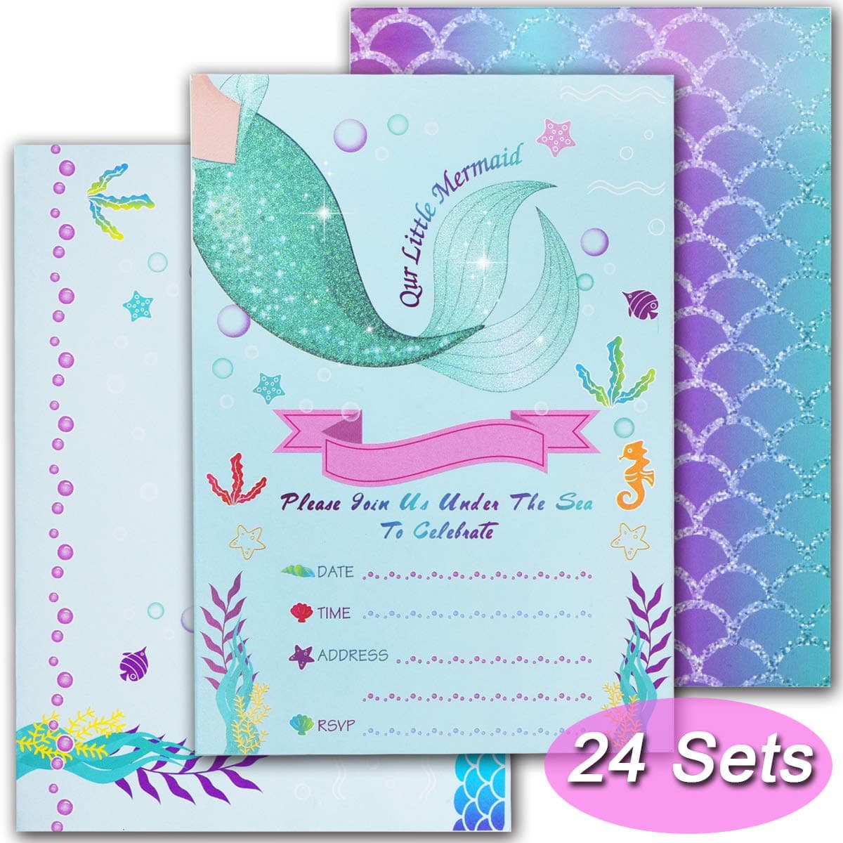 TAntrix Mermaid Party Invitations 24pcs Magical Glitter Fill in Mermaid Invitations with 24 Envelopes for Kids Girls Birthday Baby Shower Wedding Pool Mermaid Themed Party Supplies