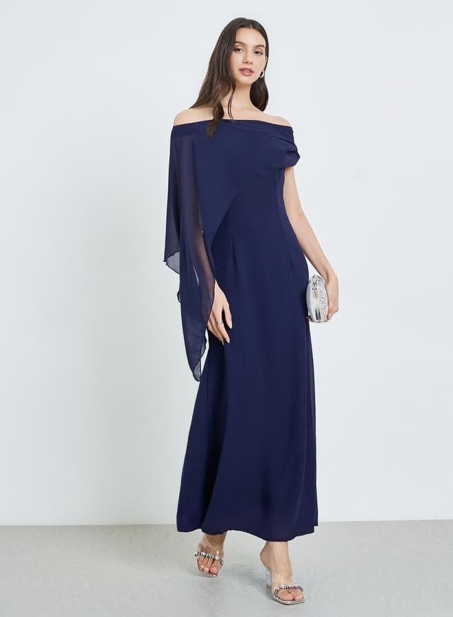 Navy Blue Draped Cape Sleeve Maxi Dress — L