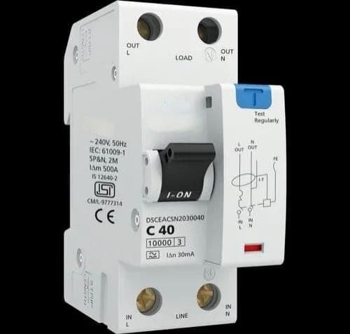 RCBO (Residual Current circuit Breaker with Overcurrent protection) Single Pole and Neutral C 40, 230V AC Supply, 40Amp