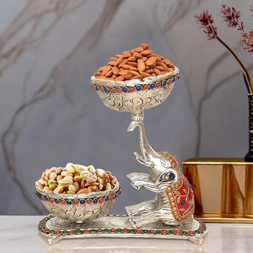 Dattatreya Metal Elephant Dry Fruit Bowl Showpiece Silver Polish Finish for Home Decor Room Table & Gift Diwali,Raksha Bandhan (Height 8 Inch)