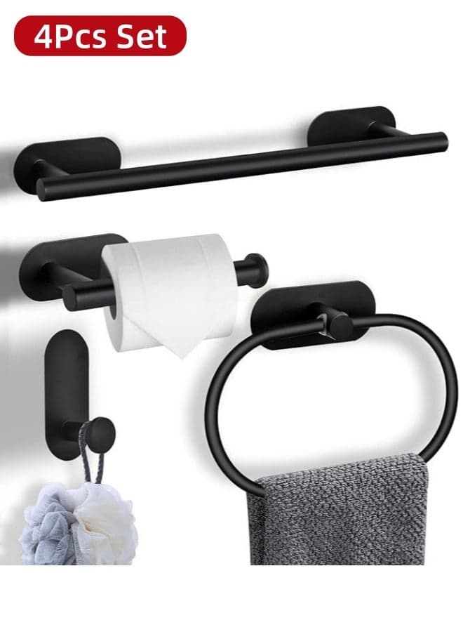 Bathroom Organizer Rack,Bathroom Hardware Set,bathroom rack,4Pcs Bathroom Accessories Kit No Drill Towel Holder Kit Sticky on Wall Mounted ,Stainless Steel Matte Black, Includes Bath Towel Bar, Toil