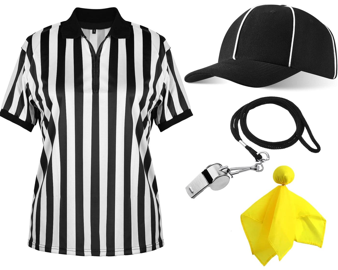 Geyoga 4 Pcs Mens Official Referee Costume Set Black and White Stripe Zipper Collar Referee Shirt Hat Stainless Whistle with Lanyard Yellow Penalty Flag for HalloweenMedium