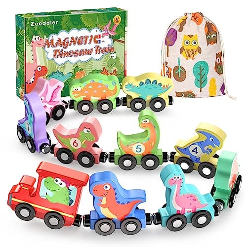 Zeoddler Toys for Toddlers 11 Magnetic Wooden Dinosaur Train Set Montessori Toys for Toddlers Preschool Educational Material for Kids Birthday Gifts for Boys Girls