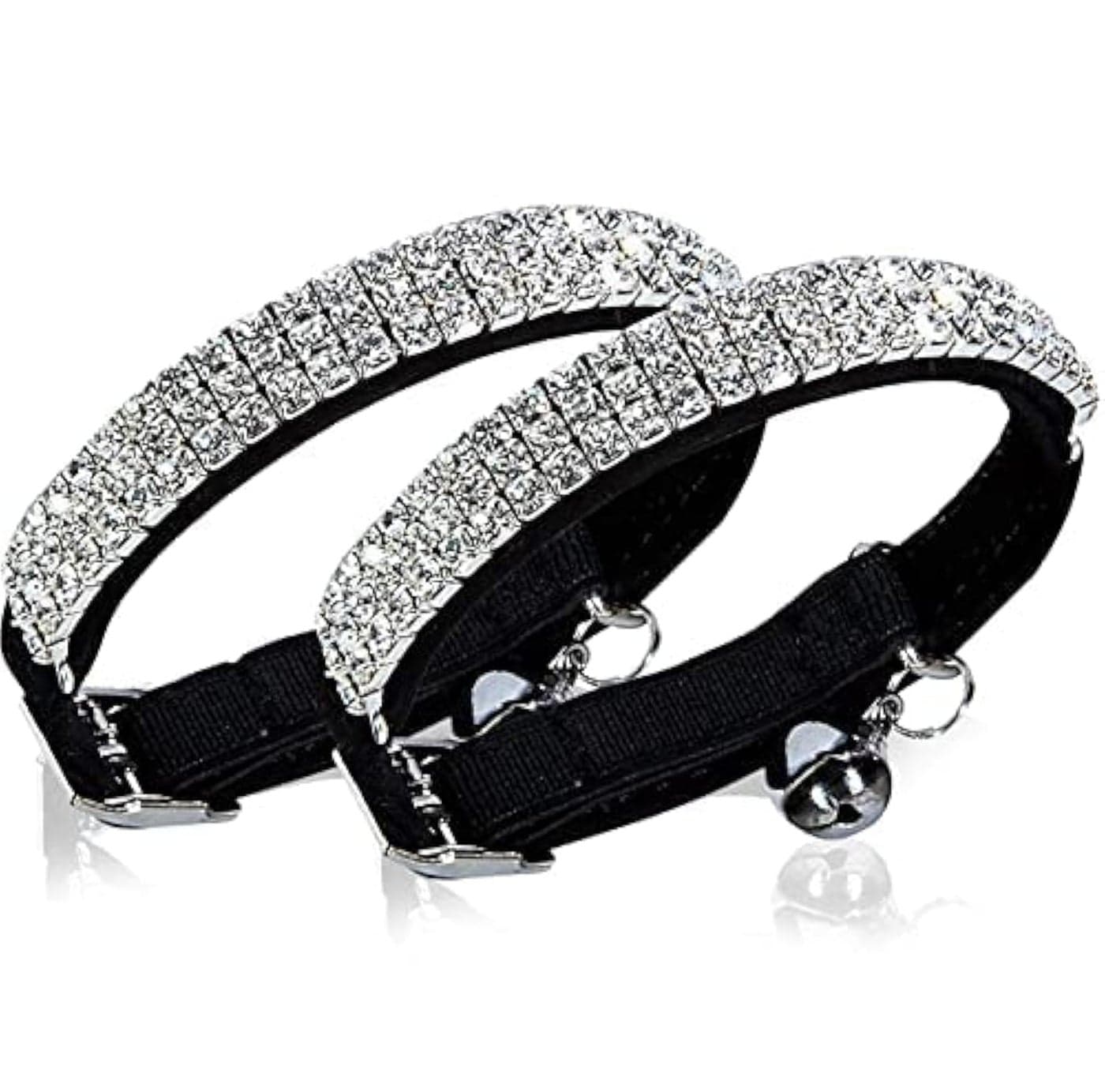 CHUKCHI Soft Velvet Safe Cat Adjustable Collar Bling Diamante with Bells,11 inch for Small Dogs and Cats (Black - 2 Pack)