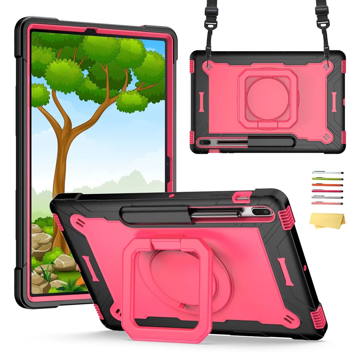 UUcovers Stand Case for Samsung Galaxy Tab S8 Plus 2022Tab S7 FE 5G 2021Tab S7 Plus 2020 124 inch 360 Degree Rotating Kickstandwith HandShoulder Strap Rugged Shockproof Cover Black Rose Red