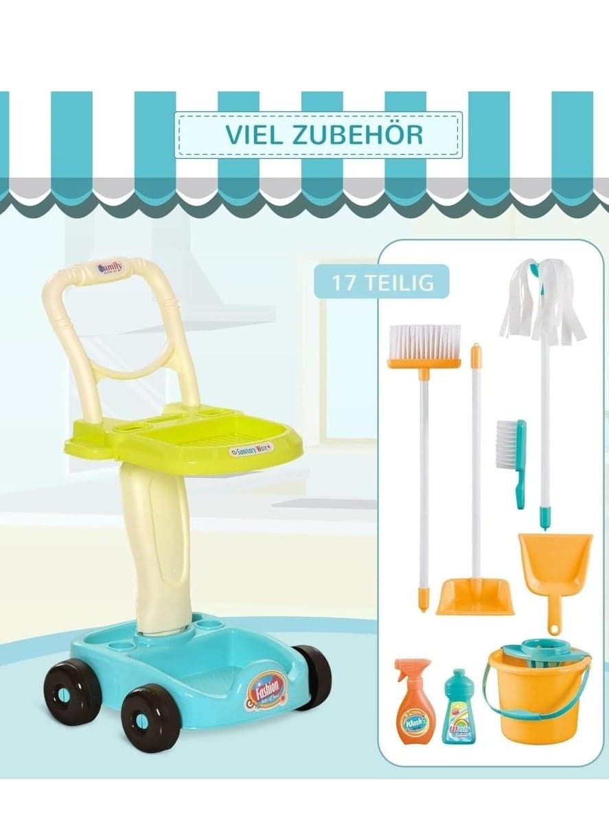 HOMCOM Broom Trolley Cleaning Trolley with Accessories Cleaning Trolley Cleaning Set for Children Role Play Cleaning Toy 17 Pieces with Broom Mop Dustpan PP Plastic Green + Blue + White 30 x 29 x 55